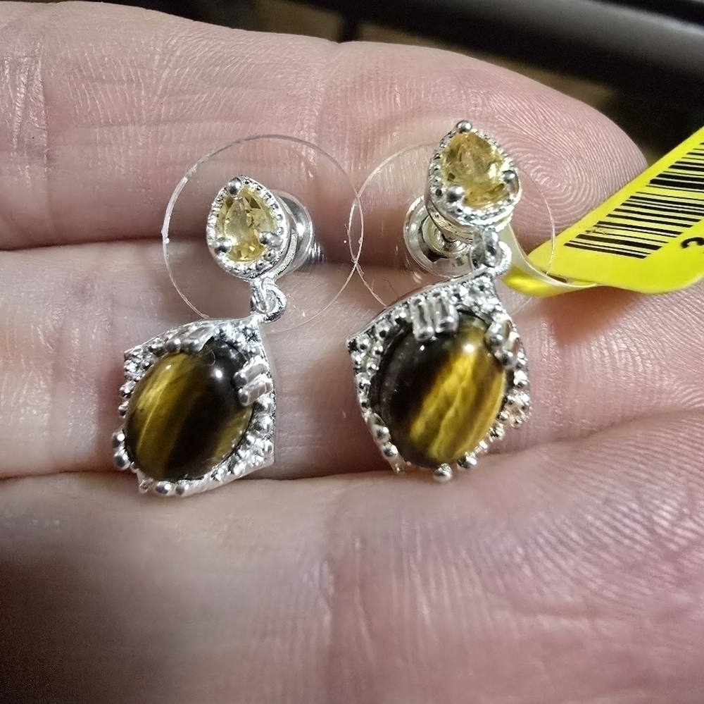 Brazilian Citrine & South African Tigers Eye Earrings 925 Sterling Silver NWTS - Picture 3 of 3